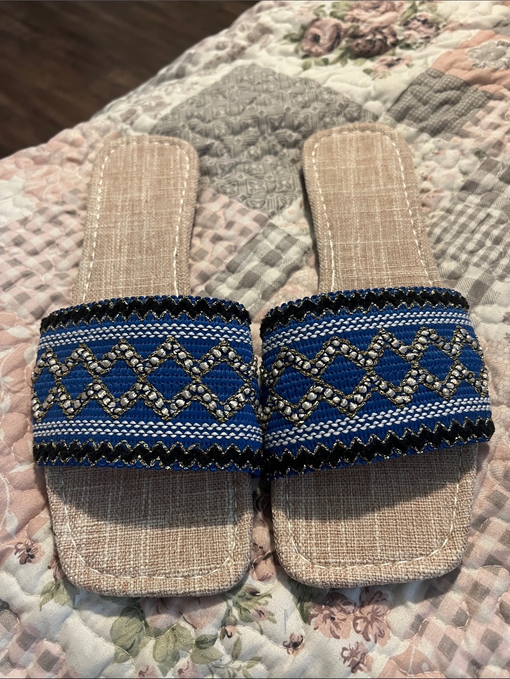Embellished Blue Boho Slide Sandals